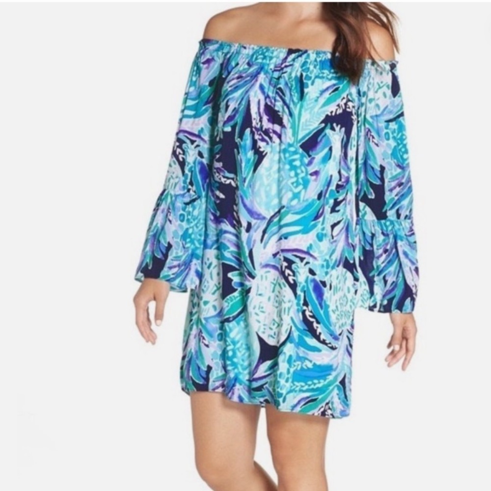 Lilly Pulitzer Blue Purple Pineapple Off Shoulder Bell Sleeve Rayon Dress M - Picture 1 of 10
